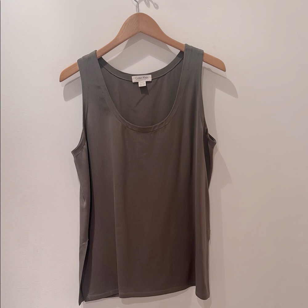 VINTAGE 90s Calvin Klein Collection olive silk sleeveless top.